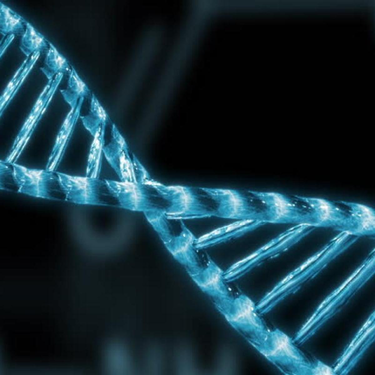a microscopic image of a blue DNA spiral helix