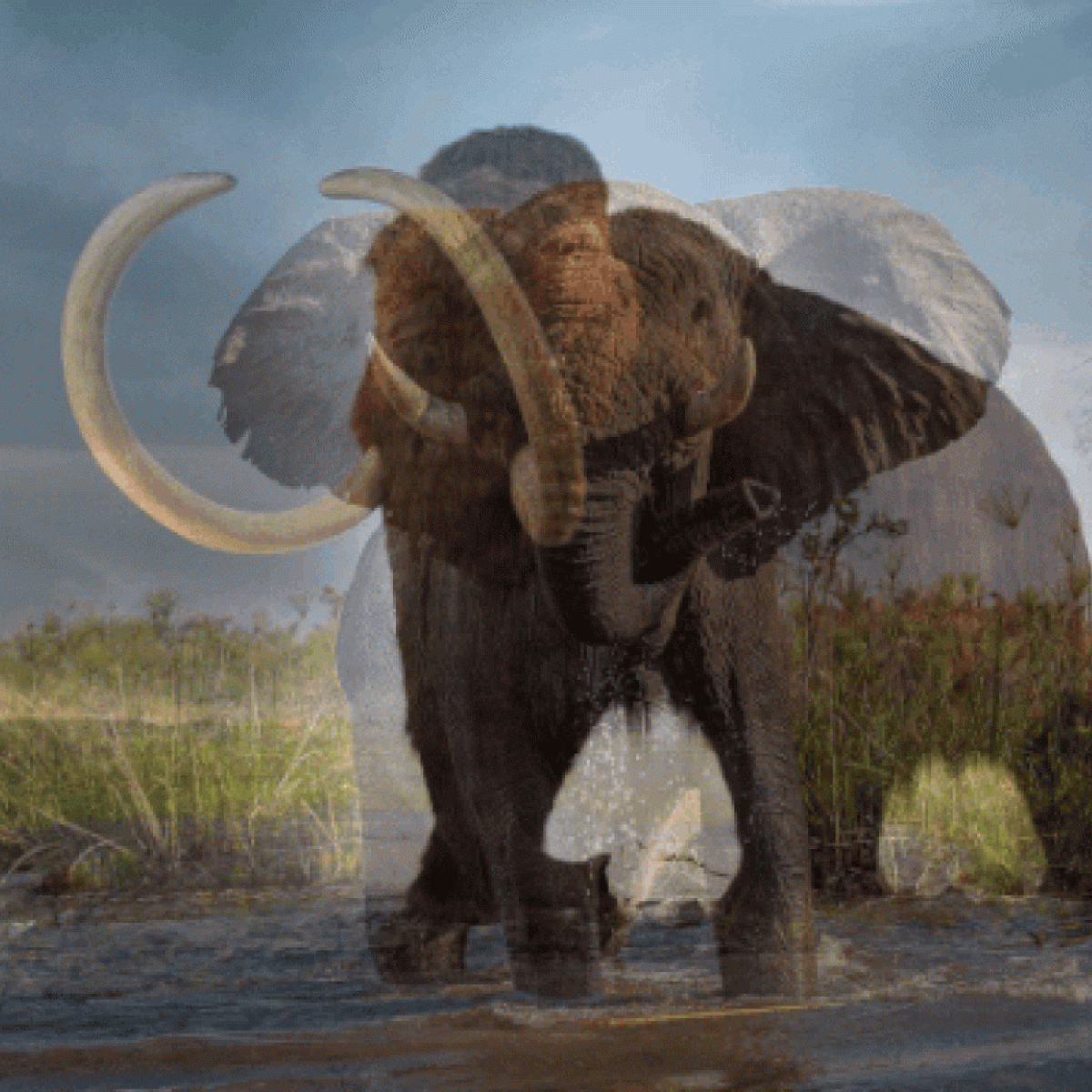 a rendering of a prehistoric wooly mammoth overlaid on a modern day elephant