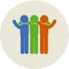 friendly talk icon with blue green and red figures with arms around each other